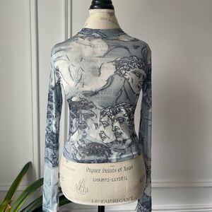 Blue mesh Sheer Artistic Print Long Sleeve Top